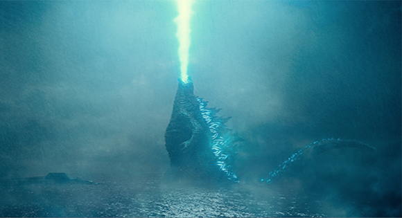 A massive dark creature rises from the ocean, breathing a bright blue beam of light into the sky.