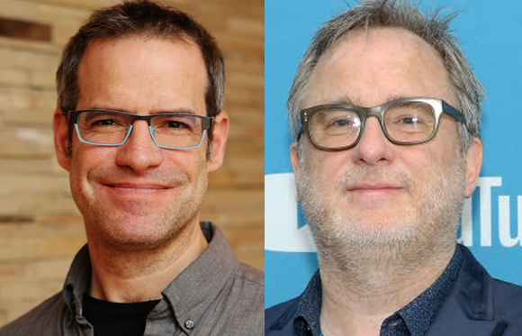 Two men with short hair and glasses looking forward against different backgrounds.