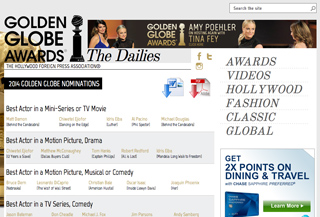 Golden Globe Awards website featuring news, awards, and video navigation menus.