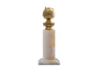 A gold globe trophy mounted on a tall, rectangular marble pedestal against a white background.