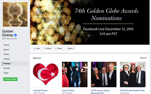 Facebook profile for the Golden Globes featuring a cover photo for the 74th Golden Globe Awards nominations.