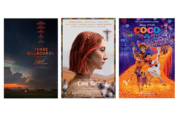 Three movie posters for Three Billboards Outside Ebbing Missouri, Lady Bird, and Disney Pixar's Coco.