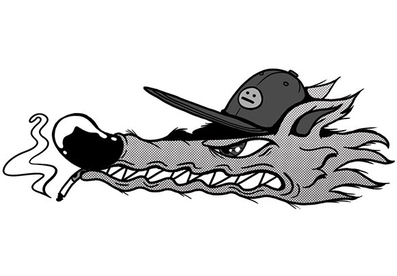 Black and white line drawing of a wolf head wearing a cap and smoking a cigarette.