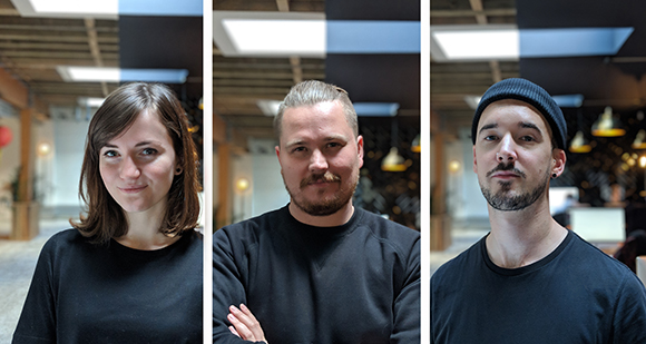 Three portraits of a woman and two men standing in an indoor setting.