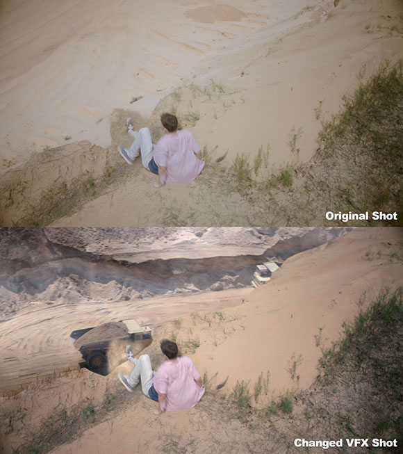 Split image showing a person in a sand dune, with the bottom half digitally adding a vehicle in the sand.