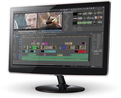 A computer monitor showing a professional video editing interface with multiple timelines and video clips.