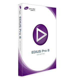 A white and purple software box for EDIUS Pro 8 featuring a play button icon.