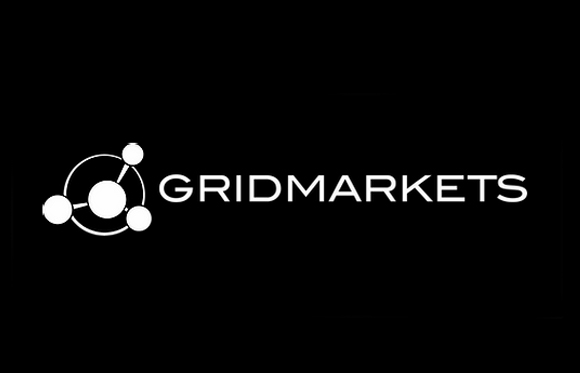 White Gridmarkets logo featuring a geometric circular icon and sans-serif text on a black background.