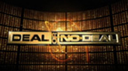 The Deal or No Deal logo set against a background of illuminated vertical panels.
