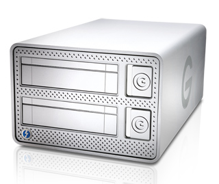 A white rectangular external hard drive enclosure with two drive bays and a power button.