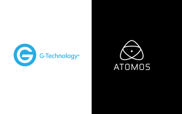 G-Technology logo in blue on white and Atomos logo in white on black.