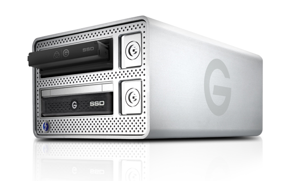 A silver rectangular external storage device with two SSD trays and a large 'G' logo on the side.