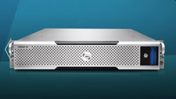 A silver rack-mounted server with a perforated front panel and a drive bay on the right side.