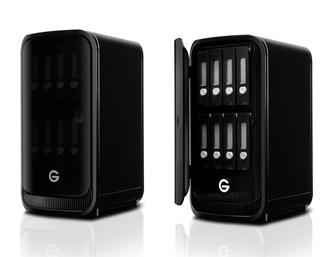 Two black rectangular external hard drive enclosures, one closed and one with an open door revealing internal drives.