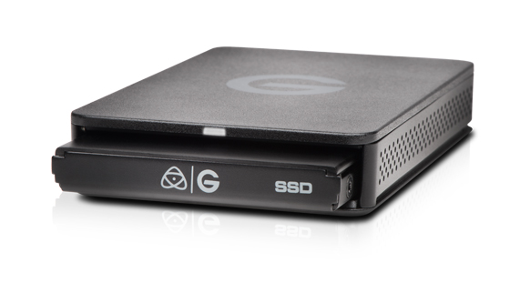 A black rectangular external SSD drive with a logo and text on the front, set against a white background.