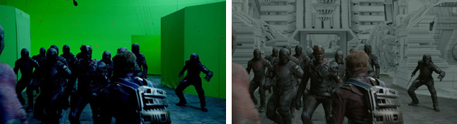 Split screen comparing a green screen film set with a rendered scene of characters in a futuristic setting.