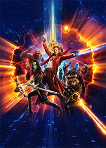 A group of diverse cosmic characters poses amidst bright orange and blue light streaks in space.