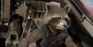 A raccoon-like creature in a dark vest sits inside a metallic, futuristic spacecraft cockpit.