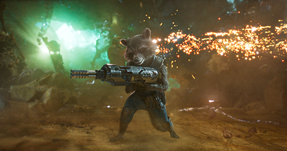 An anthropomorphic raccoon in tactical gear holds a large futuristic weapon amidst sparks and debris.