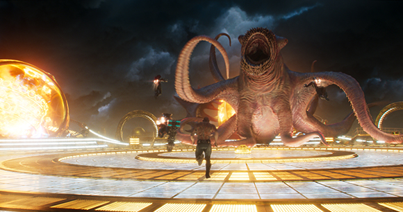 A massive pink tentacled creature roars on a circular glowing platform under a dark stormy sky.