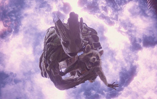 Groot and Rocket Raccoon floating amidst purple cosmic clouds.