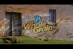General Mills Whole Grain logo superimposed on a textured stone building wall.