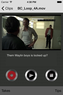 Mobile screen showing a video clip of three men in a hallway with playback controls below.