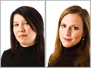 Two portraits of women with dark and light hair wearing black turtlenecks against a white background.