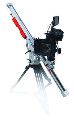A professional video camera mounted on a motorized slider rail supported by a tripod.