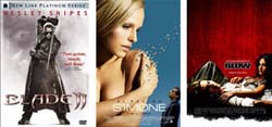 Posters for Blade II, Simone, and Blow displayed in a row.
