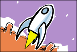 A white cartoon rocket with yellow exhaust blasting off from an orange surface into a purple sky.