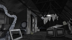 A dimly lit attic containing a harp, an empty frame, a broom, and various pieces of furniture.