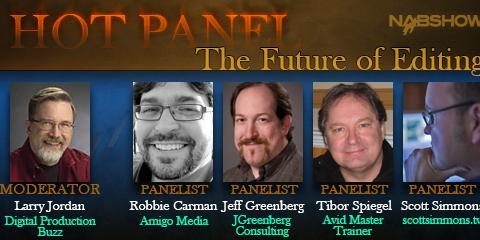 Graphic for Hot Panel: The Future of Editing featuring headshots of four male panelists and a moderator.
