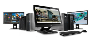 A collection of desktop computer towers, monitors, a keyboard, and a mouse on a white background.