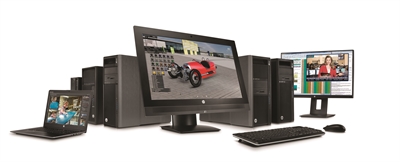 Assorted desktop computers, monitors, a laptop, a keyboard, and a mouse arranged on a white background.