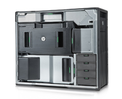 Open server tower showing internal components, including drive bays and cooling elements.