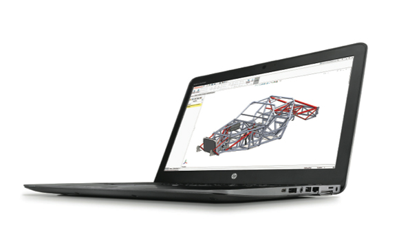 A black laptop on a white background showing a 3D technical drawing of a car frame on the screen.