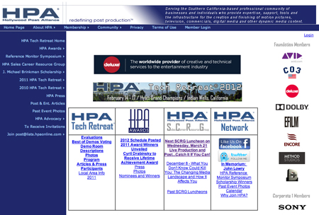 Website for Hollywood Post Alliance featuring navigation menus, event information, and sponsor logos.