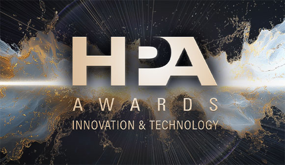 Gold HPA Awards text over a dark background with blue and gold liquid splashes.