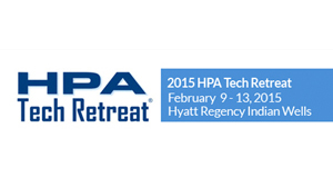 Blue text logo for HPA Tech Retreat with event dates and location.
