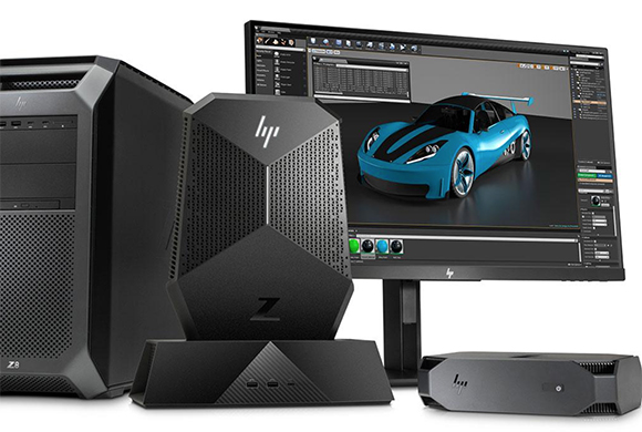 HP Z workstation tower, monitor displaying a blue car 3D model, and peripheral hardware components.