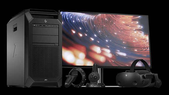 HP Z workstation tower, wide monitor, VR headset, and two motion controllers on a black background.