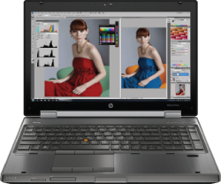 A laptop screen showing a photo editing program with a woman in a red dress being edited to a blue dress.