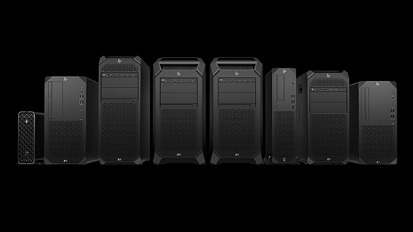 A row of nine black desktop computer towers of different sizes and shapes against a black background.