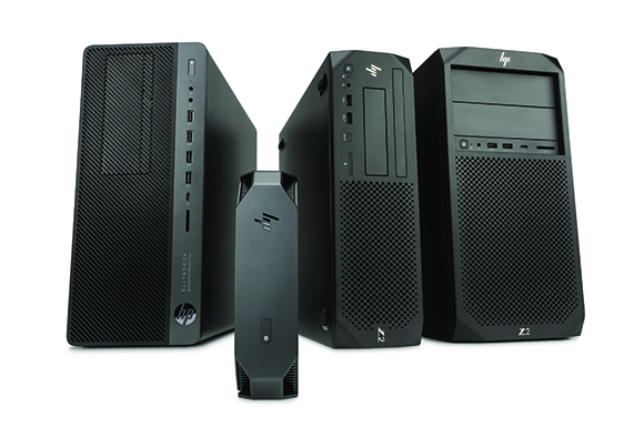 Four black HP desktop computer towers of different sizes arranged against a white background.