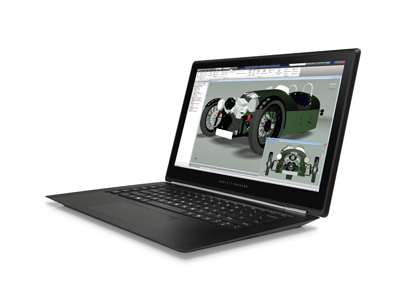 A black laptop on a white background showing a 3D CAD model of a vintage green racing car on its screen.