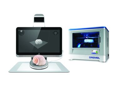 A 3D scanner displaying a seashell on screen next to a Dremel 3D printer.