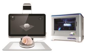 A 3D scanner displaying a seashell on screen next to a Dremel 3D printer.