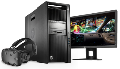 Black HP desktop tower, a computer monitor displaying a driving game, and a VR headset on a white background.