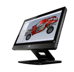 A black computer monitor angled to the side, displaying a red 3D CAD model of a vehicle chassis.
